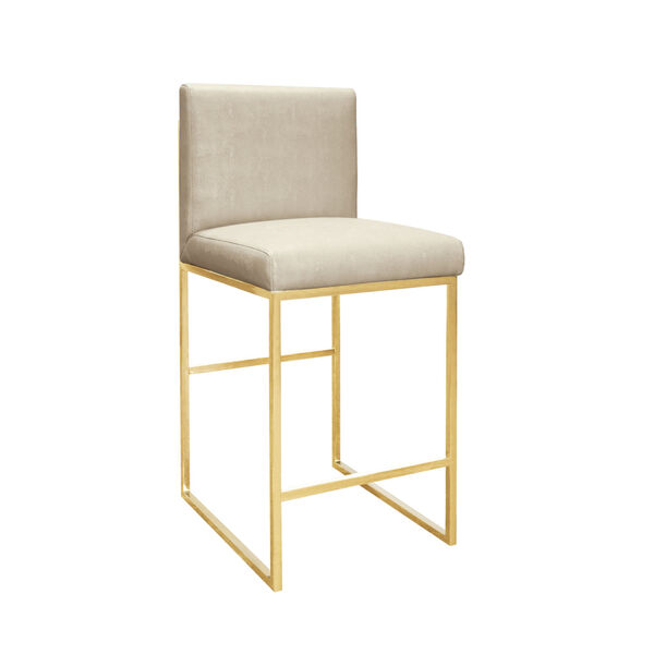 Polished Brass and Beige Faux Shagreen Bar Stool, image 1